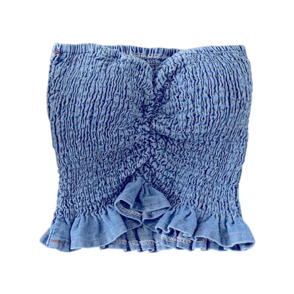 NWT S/M padded denim crop top elastcated boob tube frill ruffle bottom